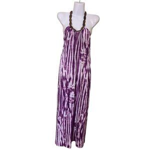 Purple Tie-Dye Halter Maxi Dress S  Wood Beaded Neckline Beachy Boho  Hippie